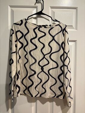 St. John long-sleeve knit top tee shirt cream blue sz S